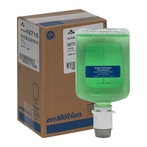 Green soap dispenser with enMotion branding next to its cardboard box on a white background