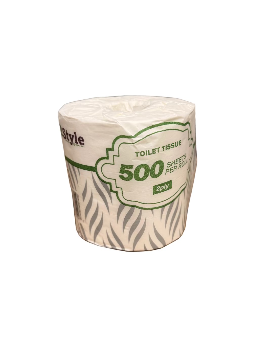 Roll of toilet tissue with '500 sheets per roll' label on a white background
