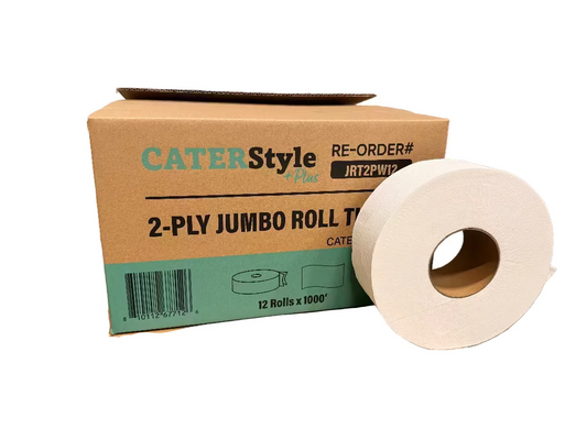 CaterStyle 2-ply jumbo roll towel packaging with a roll of towels on top