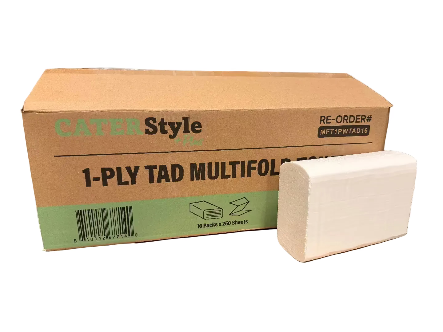 Cater Style 1-ply TAD multifold paper towel box on a pallet with other boxes.