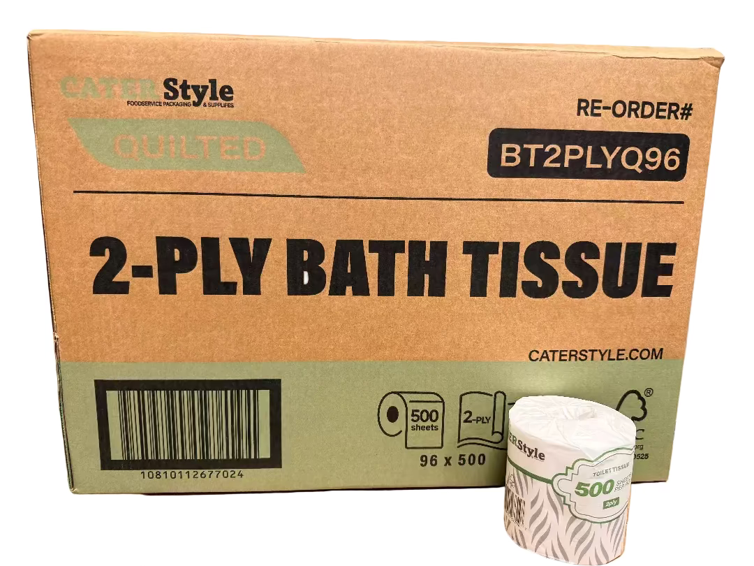 Box of Cater Style 2-ply bath tissue with a small roll displayed in front.